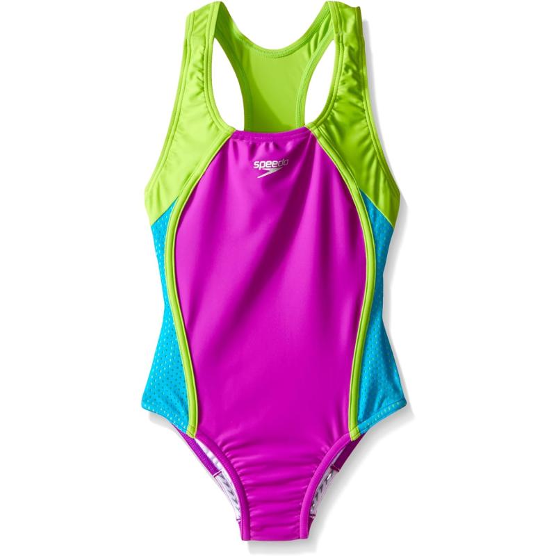 Speedo Girl’s Swimsuit One Piece Mesh Splice Thick Strap(Electric