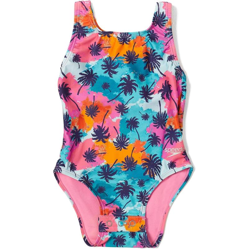 Speedo Girls’ Swimsuit One Piece Thick Strap Racer Back Printed(Palm ...