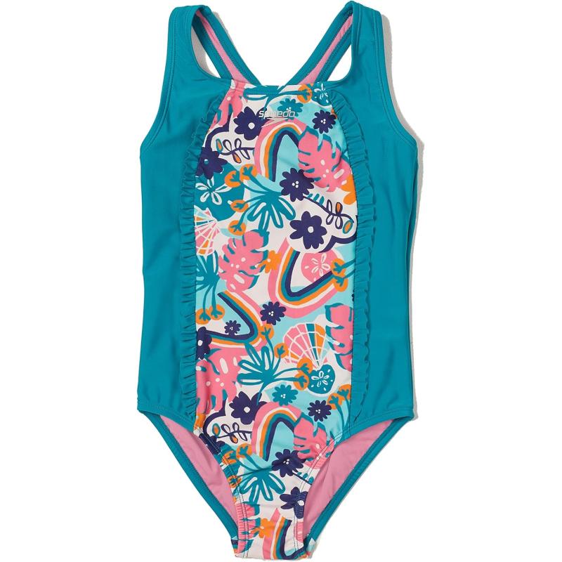 Speedo Girls’ Swimsuit One Piece Thick Strap Racer Back Printed(Rainbow ...