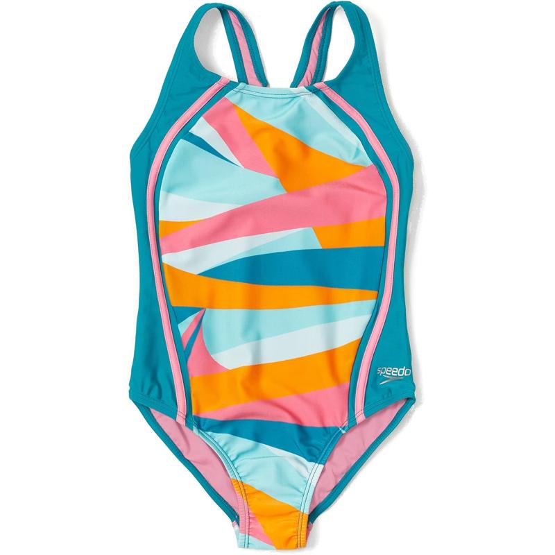 Speedo Girls’ Swimsuit One Piece Thick Strap Racer Back Printed(Wavy ...